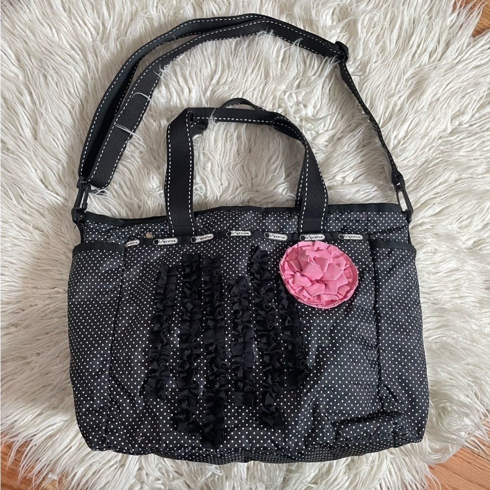 LeSportsac Black White Polkadot Polyester Pink Rose Large Baby Diaper Bag O/S